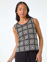 Roman Black Petite Crochet Patchwork Top - Image 4 of 5