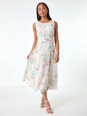 Roman White Petite Floral Gathered Waist Midi Dress - Image 1 of 5