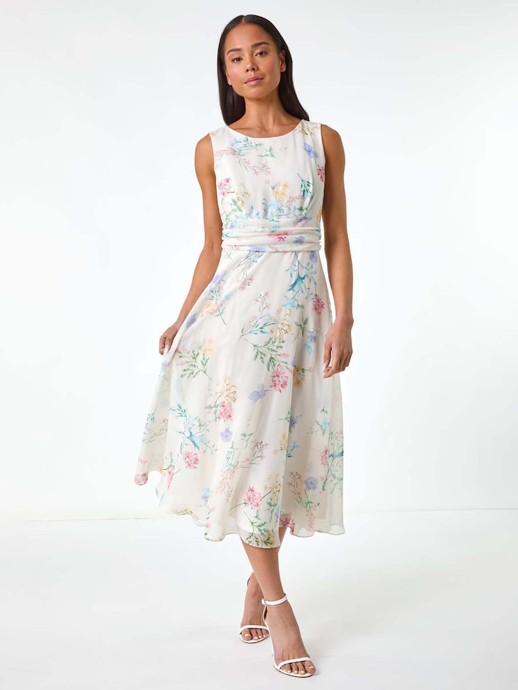 Roman White Petite Floral Gathered Waist Midi Dress - Image 1 of 5