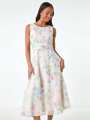 Roman White Petite Floral Gathered Waist Midi Dress - Image 2 of 5
