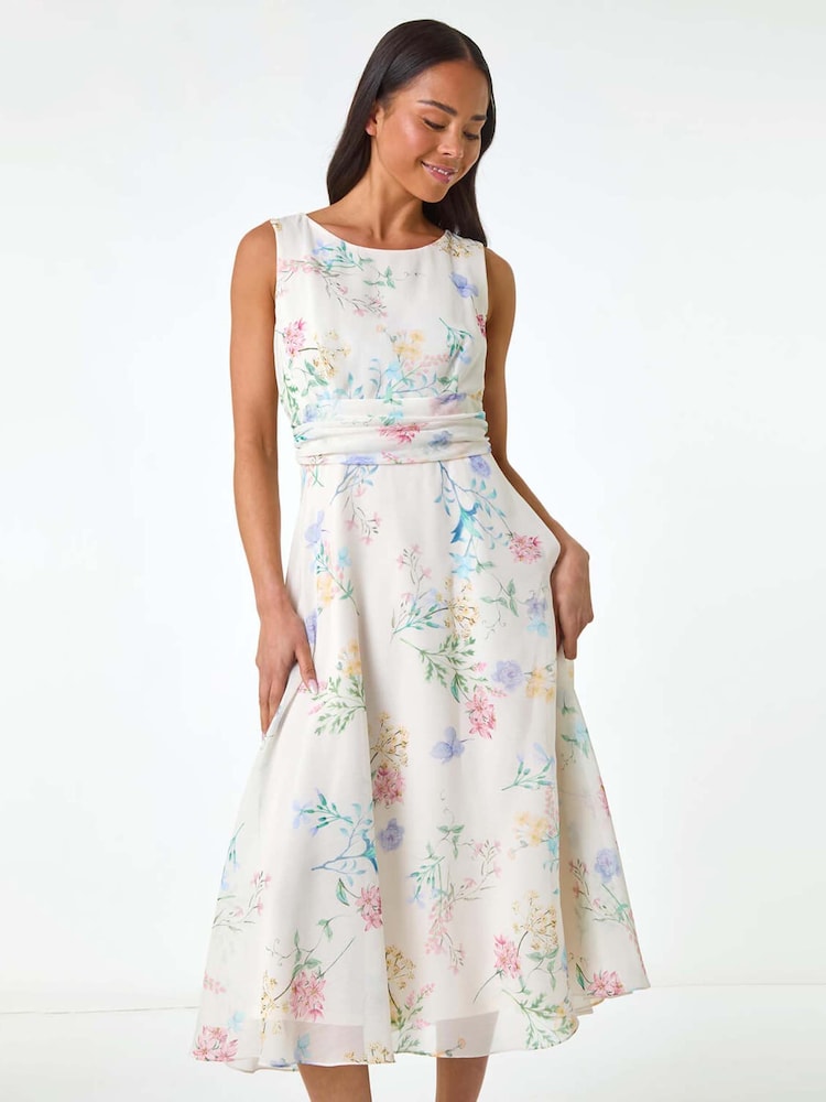 Roman White Petite Floral Gathered Waist Midi Dress - Image 2 of 5