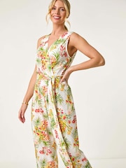 Roman White Petite Leaf Border Print Jumpsuit - Image 1 of 5