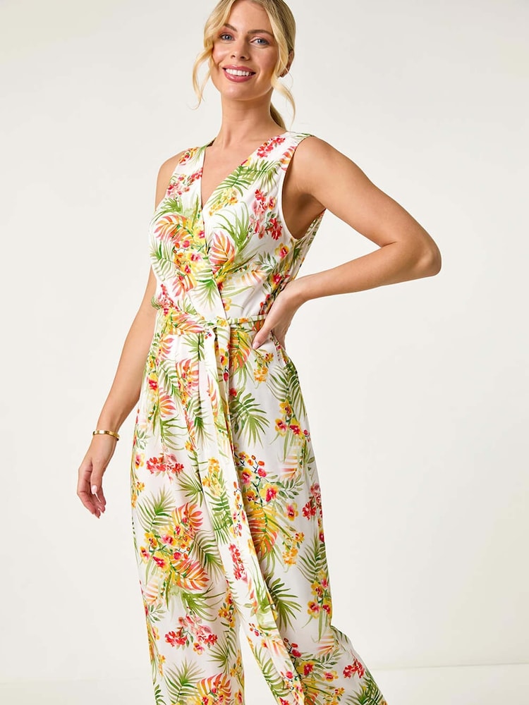 Roman White Petite Leaf Border Print Jumpsuit - Image 1 of 5