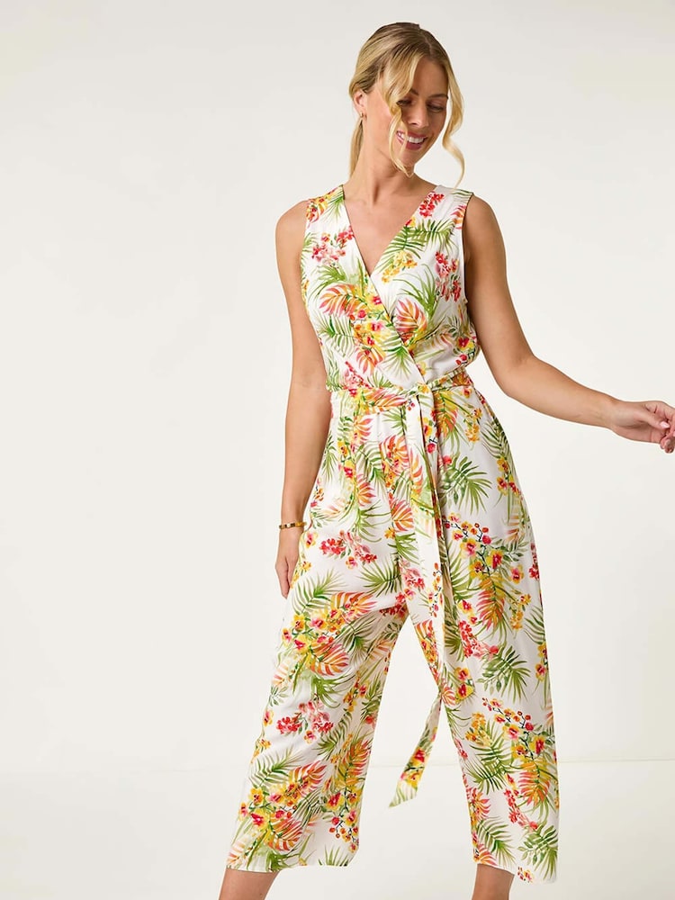 Roman White Petite Leaf Border Print Jumpsuit - Image 2 of 5