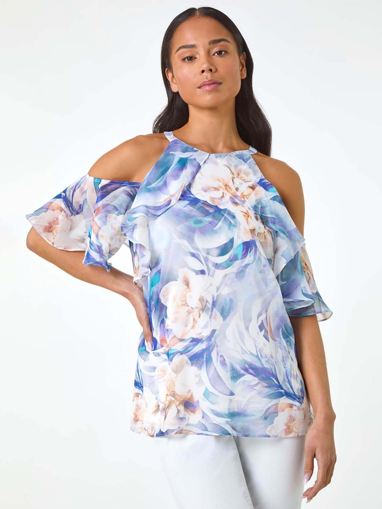 Roman Blue Petite Floral Print Cold Shoulder Top - Image 1 of 5