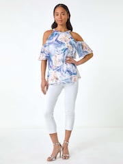 Roman Blue Petite Floral Print Cold Shoulder Top - Image 2 of 5
