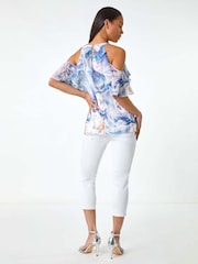 Roman Blue Petite Floral Print Cold Shoulder Top - Image 3 of 5