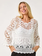 Roman White Petite Petite Crotchet 100% Cotton Tunic Top - Image 1 of 5