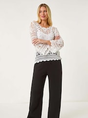 Roman White Petite Petite Crotchet 100% Cotton Tunic Top - Image 2 of 5