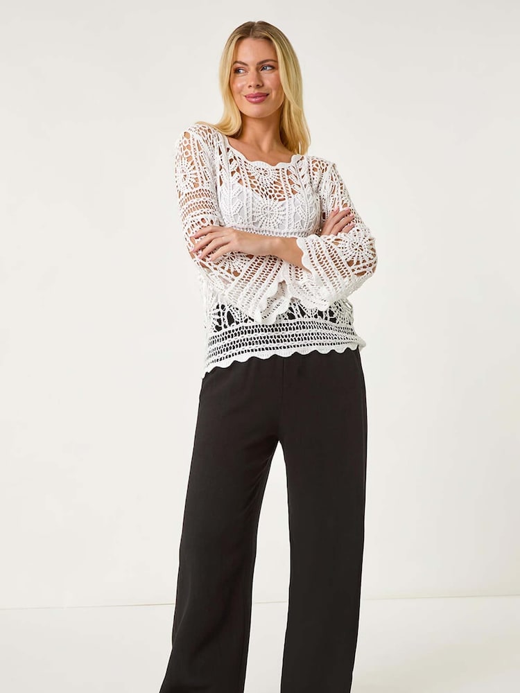 Roman White Petite Petite Crotchet 100% Cotton Tunic Top - Image 2 of 5