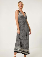 Roman Black Petite Palm Print Border Maxi Dress - Image 1 of 5