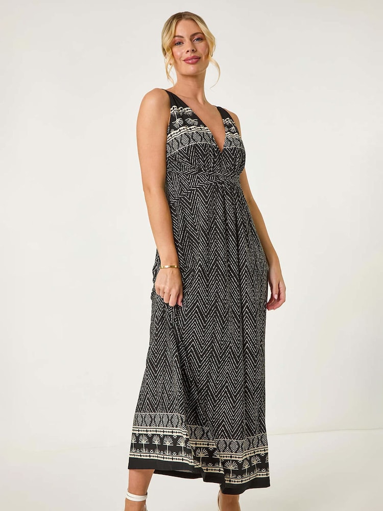 Roman Black Petite Palm Print Border Maxi Dress - Image 1 of 5