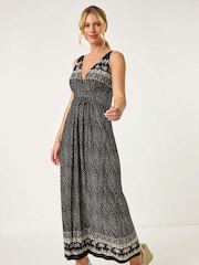 Roman Black Petite Palm Print Border Maxi Dress - Image 2 of 5