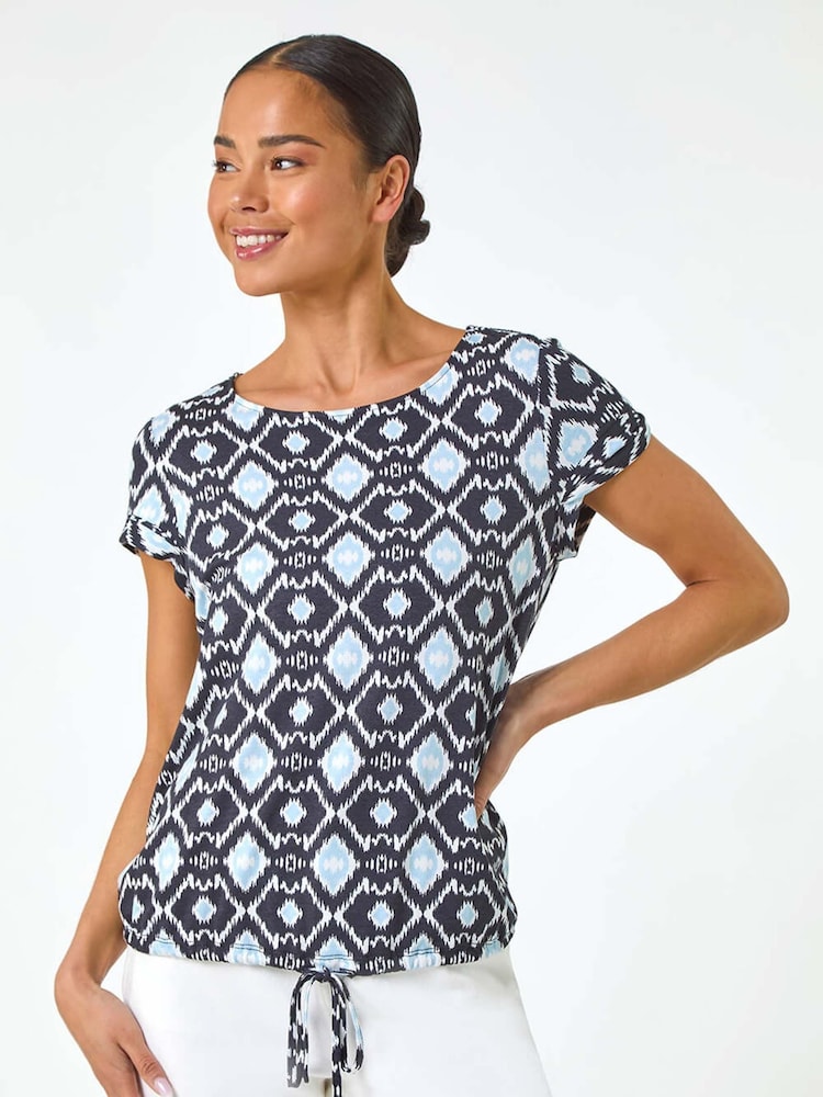 Roman Blue Petite Geo Print Drawstring Stretch Top - Image 1 of 5 Roman Blue Petite Geo Print Drawstring Stretch Top - Image 1 of 5