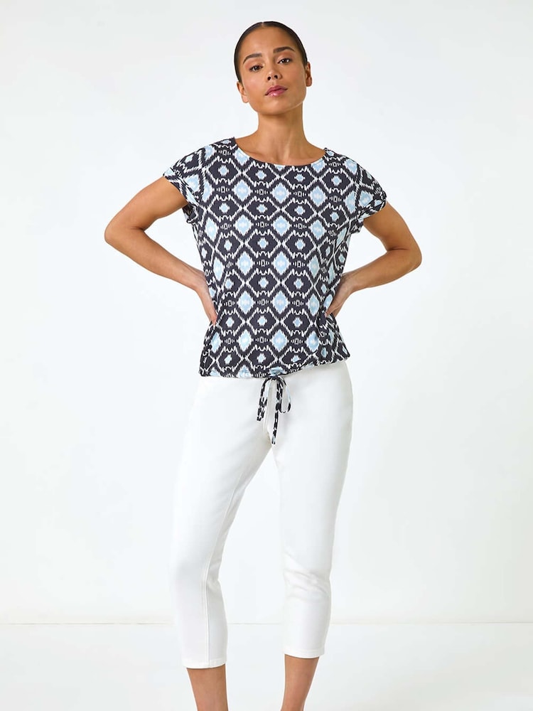 Roman Blue Petite Geo Print Drawstring Stretch Top - Image 2 of 5 Roman Blue Petite Geo Print Drawstring Stretch Top - Image 2 of 5