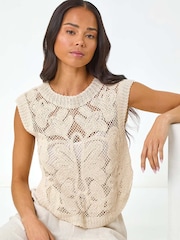 Roman Natural Petite 100% Cotton Curve Hem Crochet Top - Image 1 of 5
