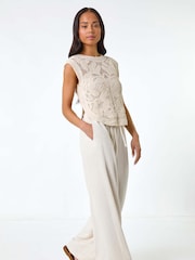 Roman Natural Petite 100% Cotton Curve Hem Crochet Top - Image 2 of 5