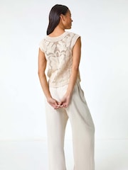 Roman Natural Petite 100% Cotton Curve Hem Crochet Top - Image 3 of 5