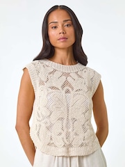Roman Natural Petite 100% Cotton Curve Hem Crochet Top - Image 4 of 5