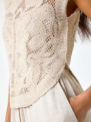 Roman Natural Petite 100% Cotton Curve Hem Crochet Top - Image 5 of 5