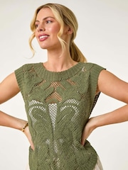 Roman Green Petite 100% Cotton Curve Hem Crochet Top - Image 1 of 5
