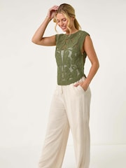 Roman Green Petite 100% Cotton Curve Hem Crochet Top - Image 2 of 5