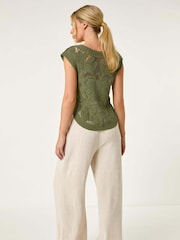 Roman Green Petite 100% Cotton Curve Hem Crochet Top - Image 3 of 5