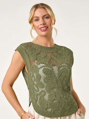 Roman Green Petite 100% Cotton Curve Hem Crochet Top - Image 4 of 5