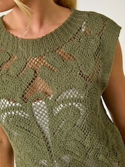 Roman Green Petite 100% Cotton Curve Hem Crochet Top - Image 5 of 5