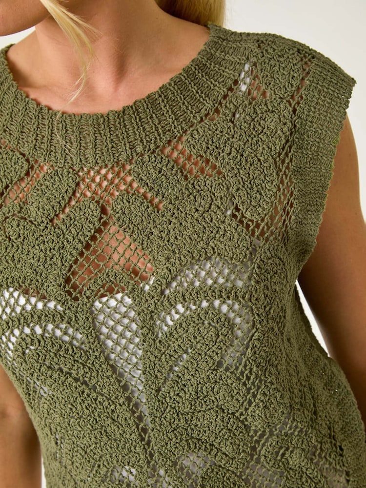 Roman Green Petite 100% Cotton Curve Hem Crochet Top - Image 5 of 5