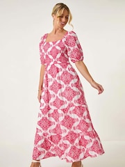 Roman Pink 100% Cotton Embroidered Shirred Maxi Dress - Image 1 of 5