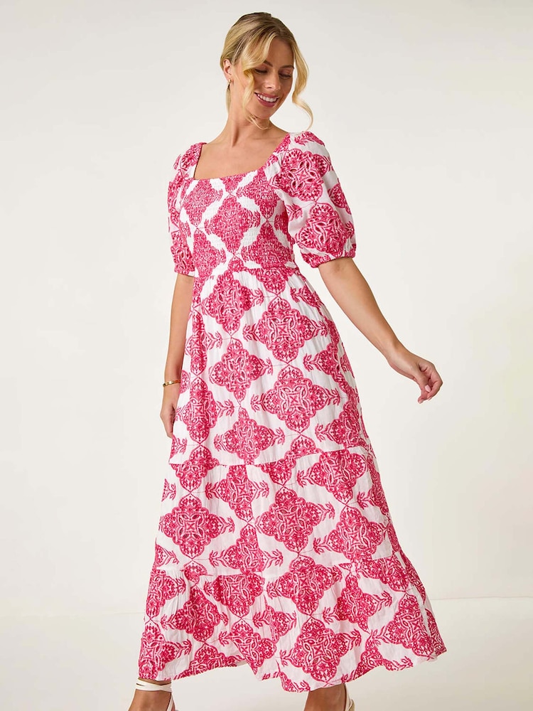 Roman Pink 100% Cotton Embroidered Shirred Maxi Dress - Image 1 of 5
