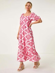 Roman Pink 100% Cotton Embroidered Shirred Maxi Dress - Image 3 of 5
