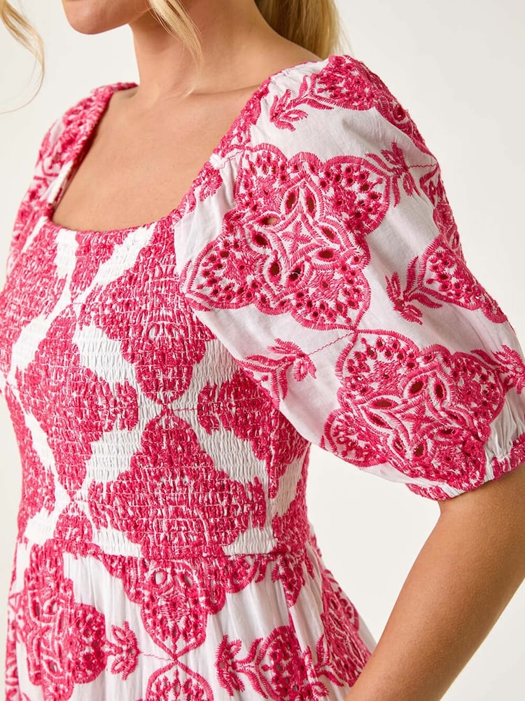 Roman Pink 100% Cotton Embroidered Shirred Maxi Dress - Image 4 of 5