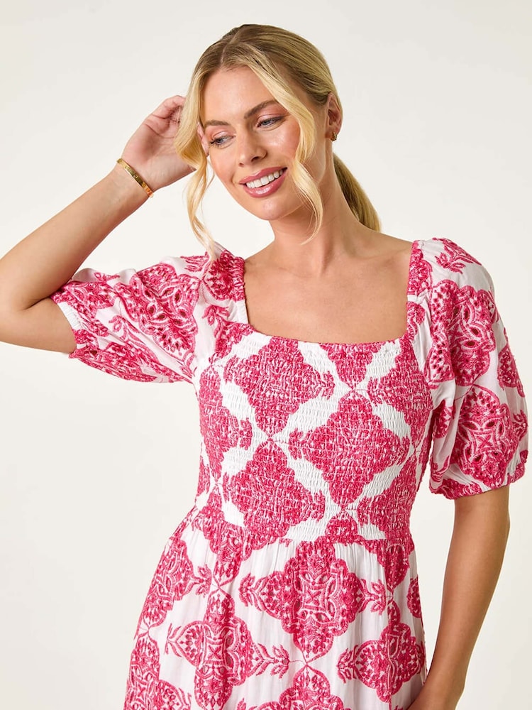 Roman Pink 100% Cotton Embroidered Shirred Maxi Dress - Image 5 of 5