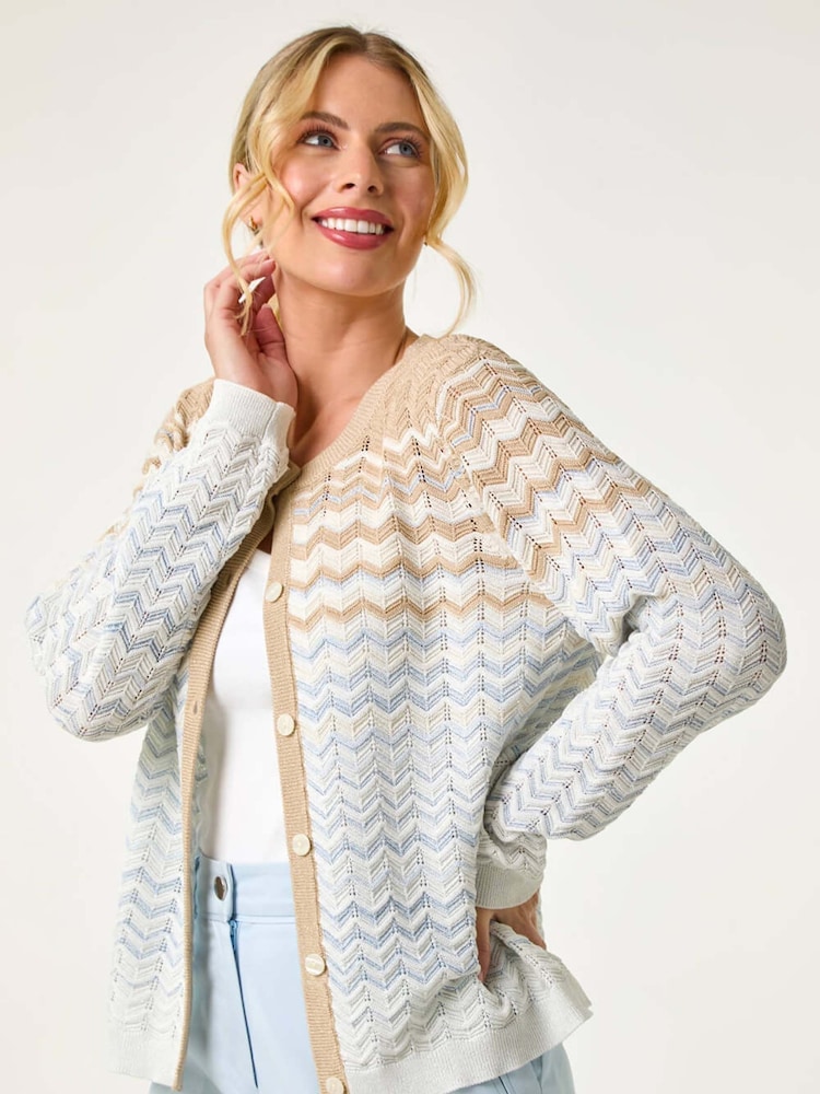 Roman Blue Petite Chevron Stripe Knit Cardigan - Image 1 of 5