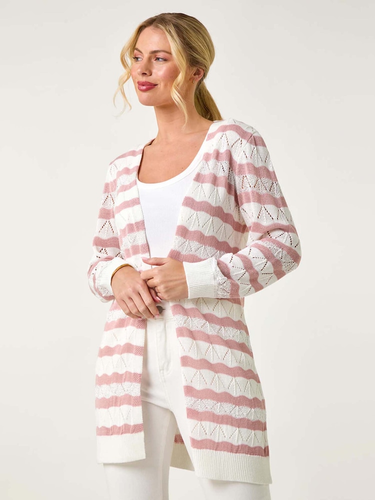Roman Pink Petite Stripe Pointelle Knit Cardigan - Image 1 of 5