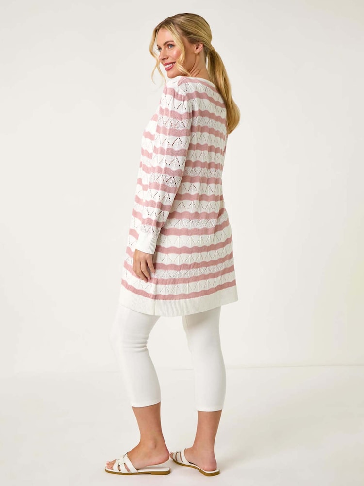 Roman Pink Petite Stripe Pointelle Knit Cardigan - Image 2 of 5