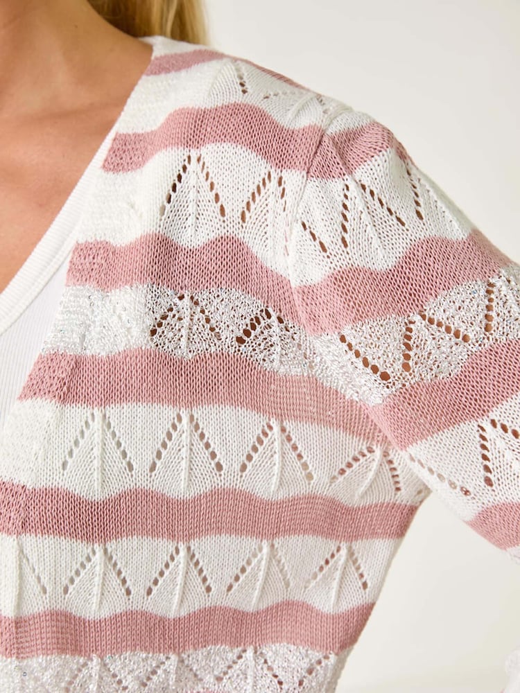 Roman Pink Petite Stripe Pointelle Knit Cardigan - Image 5 of 5