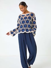 Roman Blue Petite Petite Crochet Floral Knit Top - Image 1 of 5