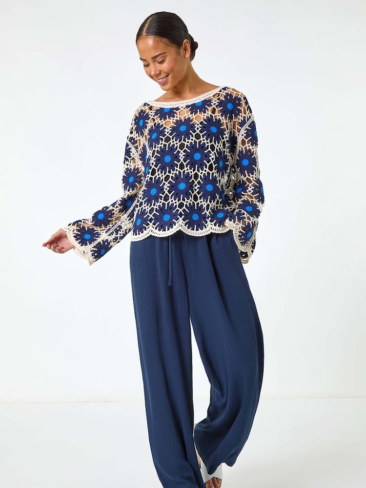 Roman Blue Petite Petite Crochet Floral Knit Top - Image 1 of 5