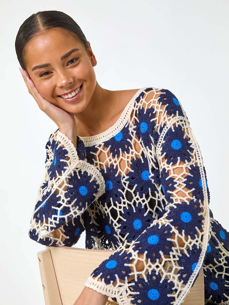 Roman Blue Petite Petite Crochet Floral Knit Top - Image 2 of 5