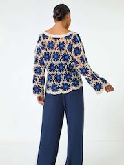 Roman Blue Petite Petite Crochet Floral Knit Top - Image 3 of 5