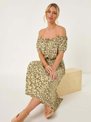 Roman Green Petite Ditsy Print Bardot Midi Dress - Image 1 of 5