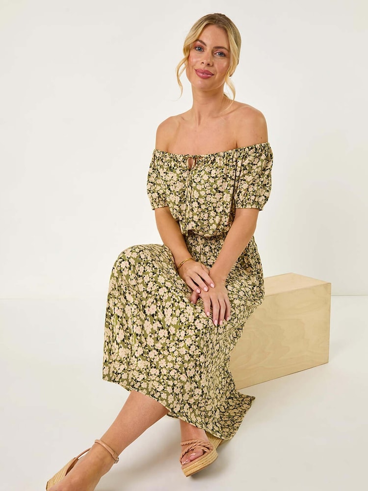 Roman Green Petite Ditsy Print Bardot Midi Dress - Image 1 of 5