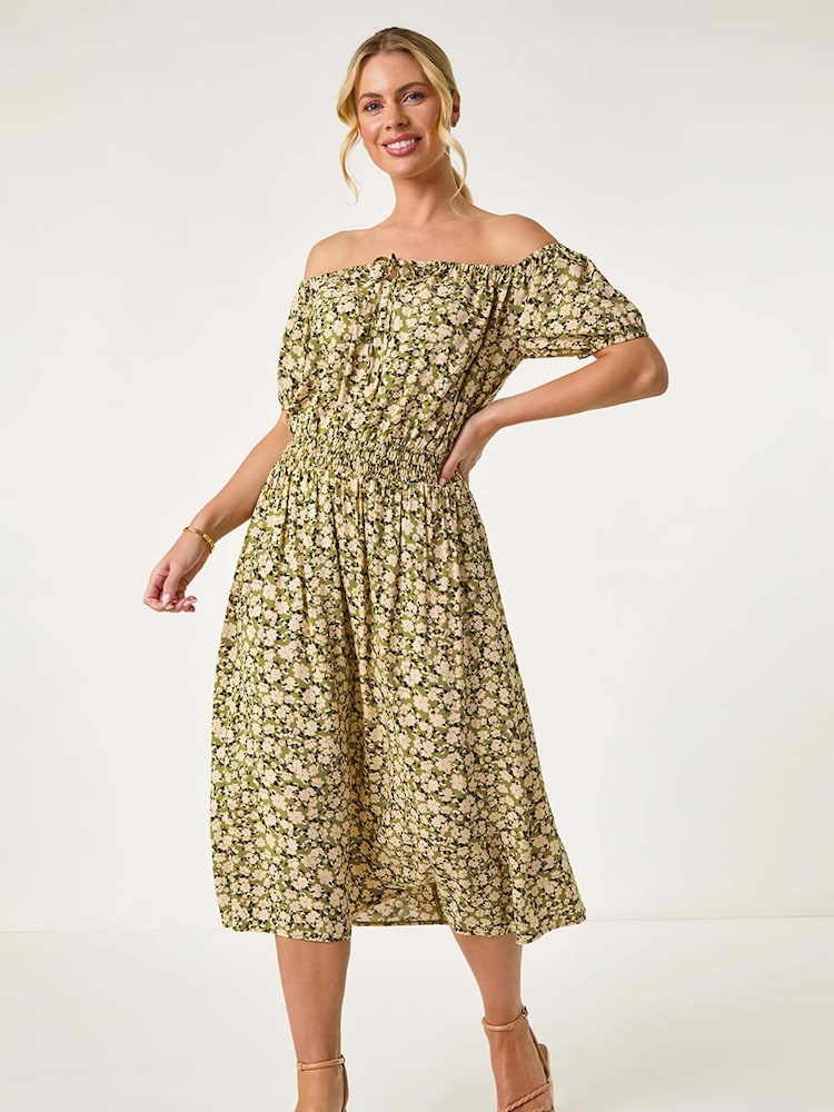 Roman Green Petite Ditsy Print Bardot Midi Dress - Image 2 of 5
