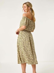 Roman Green Petite Ditsy Print Bardot Midi Dress - Image 3 of 5