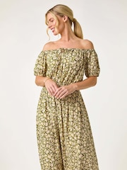 Roman Green Petite Ditsy Print Bardot Midi Dress - Image 4 of 5