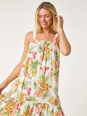 Roman White Petite Print Strap Detail Frill Hem Dress - Image 1 of 5