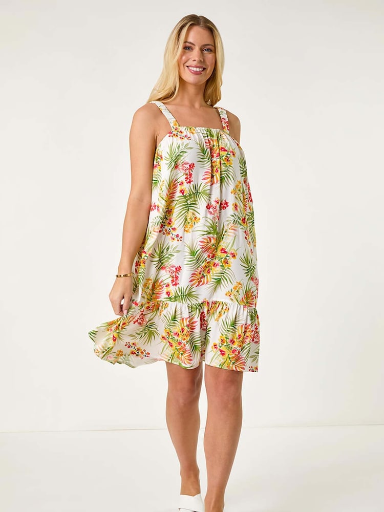 Roman White Petite Print Strap Detail Frill Hem Dress - Image 2 of 5
